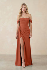 Off - the - Shoulder Corset Sheath Chiffon Bridesmaid Dress in Spice - KISS BRIDAL Bridesmaid Dresses