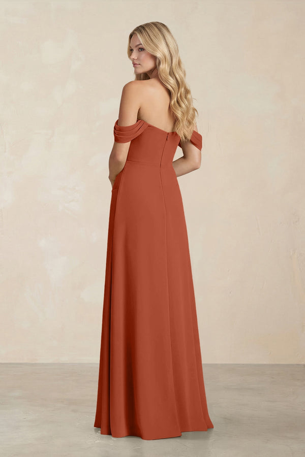 Off - the - Shoulder Corset Sheath Chiffon Bridesmaid Dress in Spice - SHE IS ME Bridesmaid Dresses