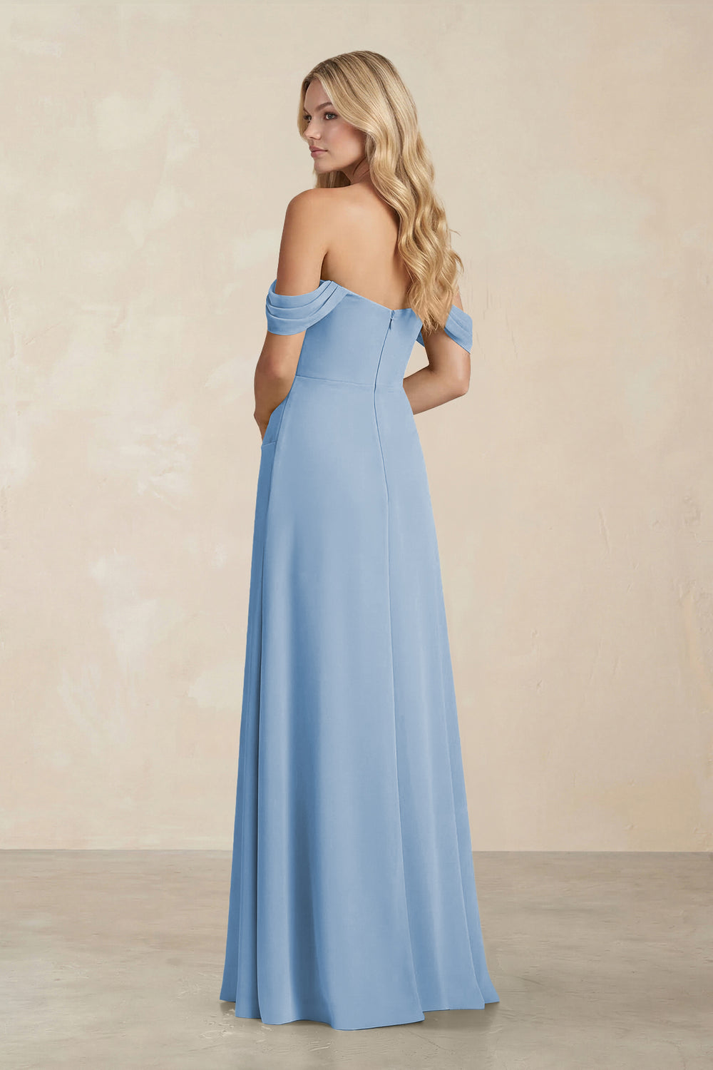 Off-the-Shoulder Corset Sheath Chiffon Bridesmaid Dress in Steel Blue
