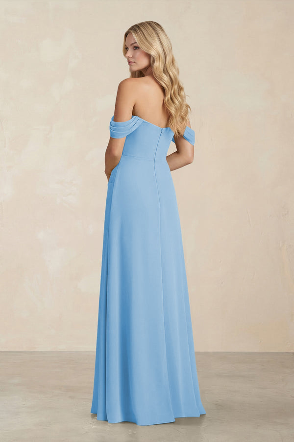Off - the - Shoulder Corset Sheath Chiffon Bridesmaid Dress in Steel Blue - SHE IS ME Bridesmaid Dresses