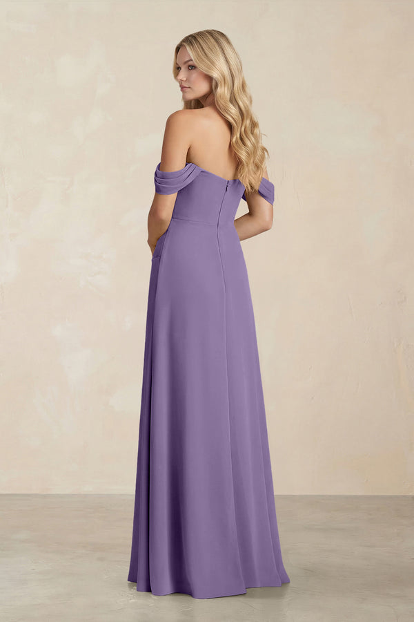 Off-the-Shoulder Corset Sheath Chiffon Bridesmaid Dress in Tahiti (2) | KISSBRIDAL