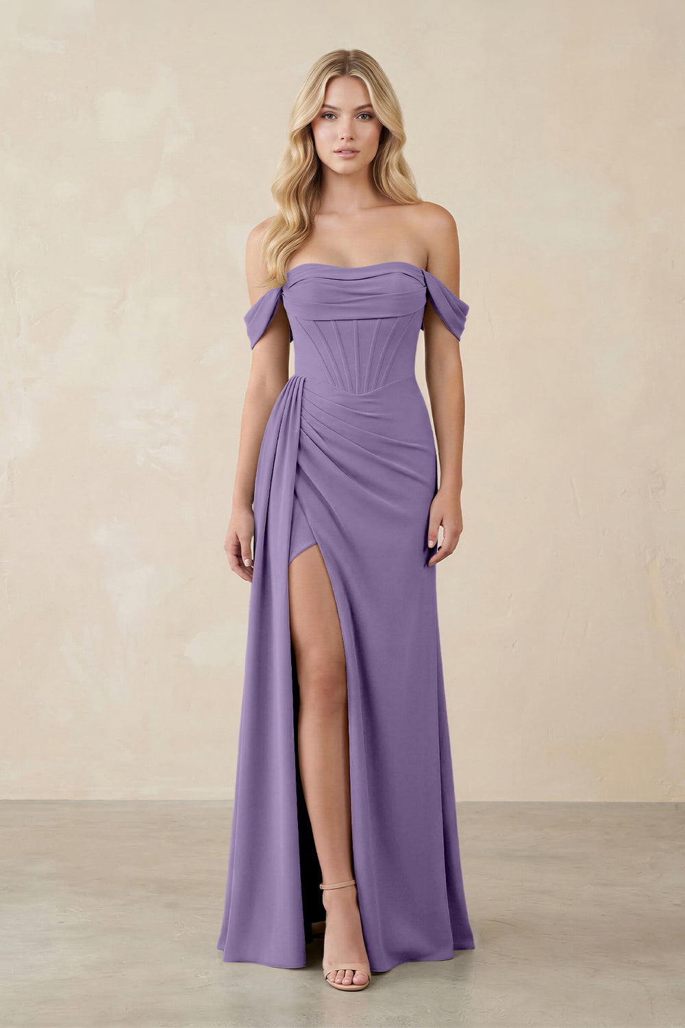 Off-the-Shoulder Corset Sheath Chiffon Bridesmaid Dress in Tahiti
