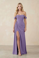 Off-the-Shoulder Corset Sheath Chiffon Bridesmaid Dress in Tahiti | KISSBRIDAL