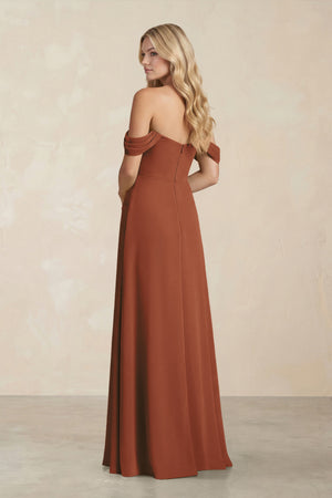 Off-the-Shoulder Corset Sheath Chiffon Bridesmaid Dress in Terracotta (2) | KISSBRIDAL