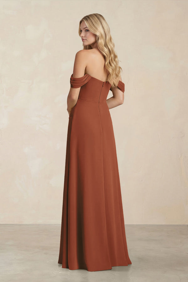 Off-the-Shoulder Corset Sheath Chiffon Bridesmaid Dress in Terracotta (2) | KISSBRIDAL