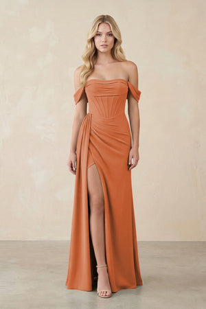 Off - the - Shoulder Corset Sheath Chiffon Bridesmaid Dress in Terracotta - SHE IS ME Bridesmaid Dresses