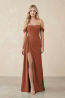 Off-the-Shoulder Corset Sheath Chiffon Bridesmaid Dress in Terracotta | KISSBRIDAL