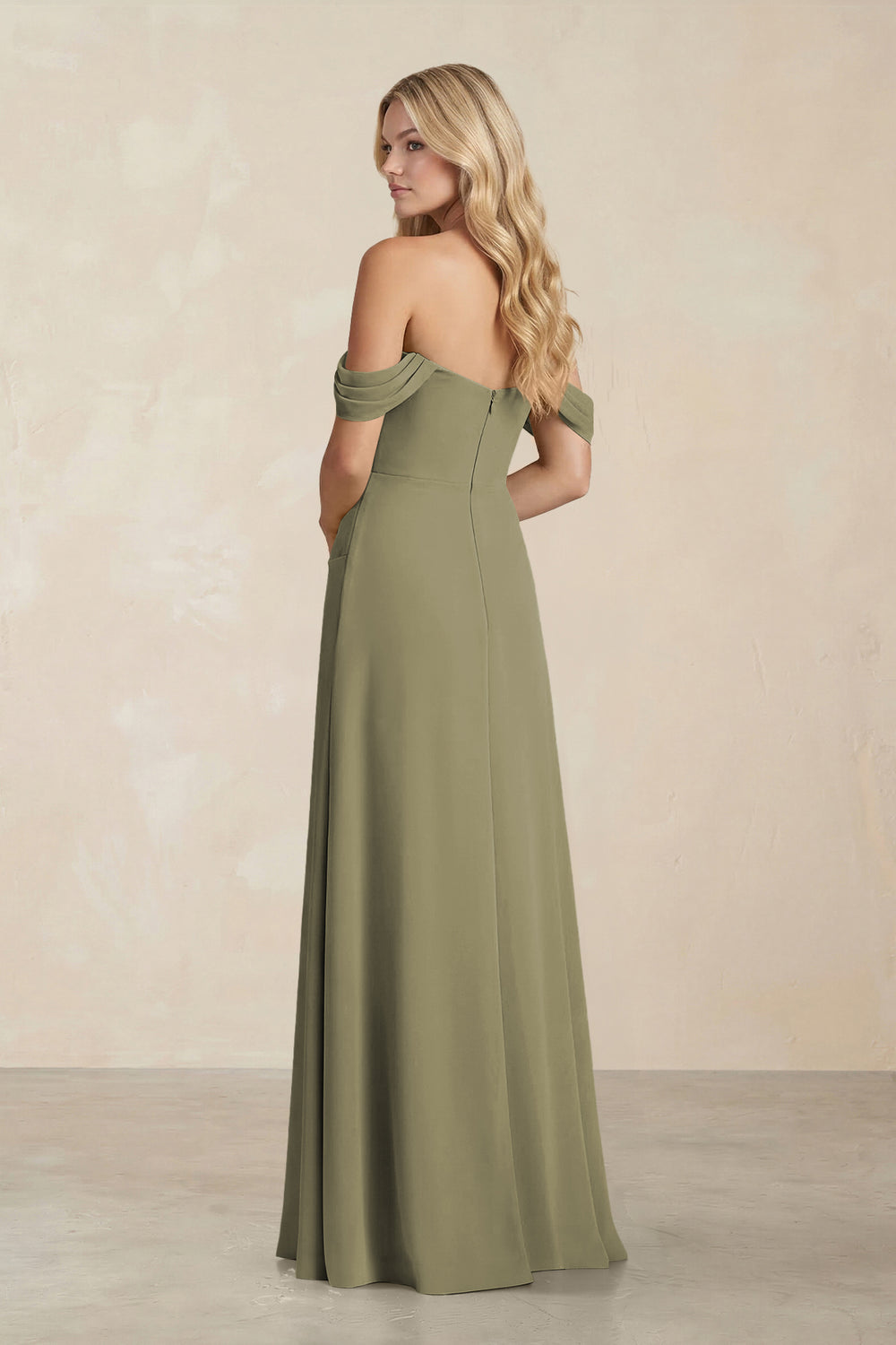 Off-the-Shoulder Corset Sheath Chiffon Bridesmaid Dress in Thyme