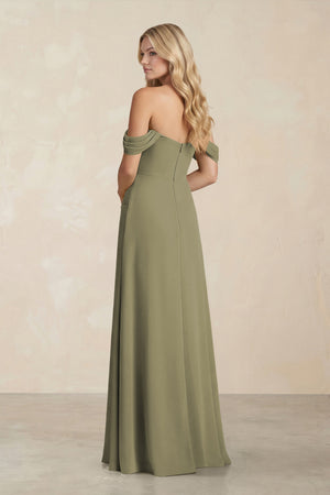 Off-the-Shoulder Corset Sheath Chiffon Bridesmaid Dress in Thyme (2) | KISSBRIDAL