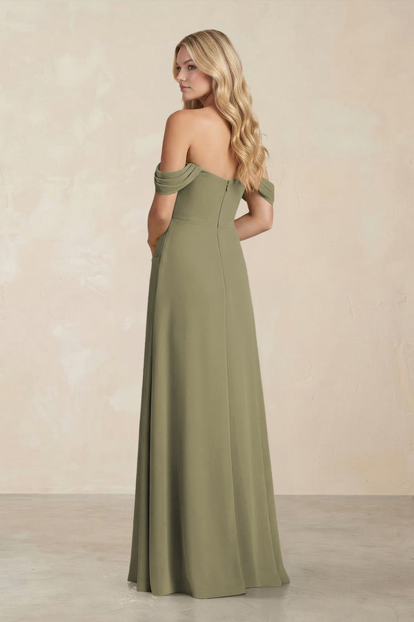 Off-the-Shoulder Corset Sheath Chiffon Bridesmaid Dress in Thyme (2) | KISSBRIDAL