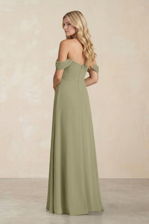 Off - the - Shoulder Corset Sheath Chiffon Bridesmaid Dress in Thyme - SHE IS ME Bridesmaid Dresses