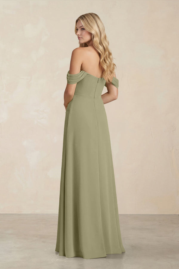Off - the - Shoulder Corset Sheath Chiffon Bridesmaid Dress in Thyme - SHE IS ME Bridesmaid Dresses