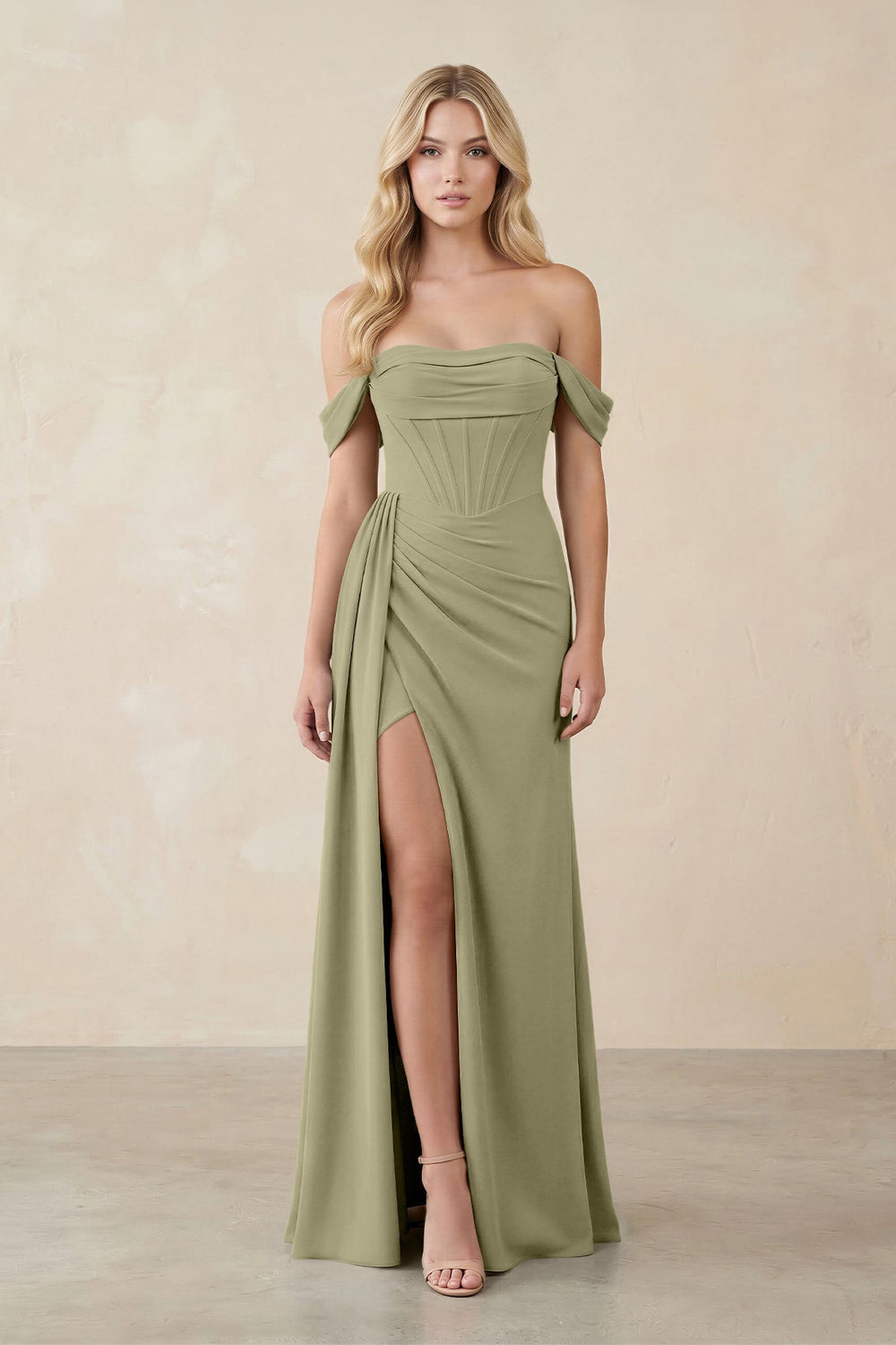 Off - the - Shoulder Corset Sheath Chiffon Bridesmaid Dress in Thyme - KISS BRIDAL Bridesmaid Dresses