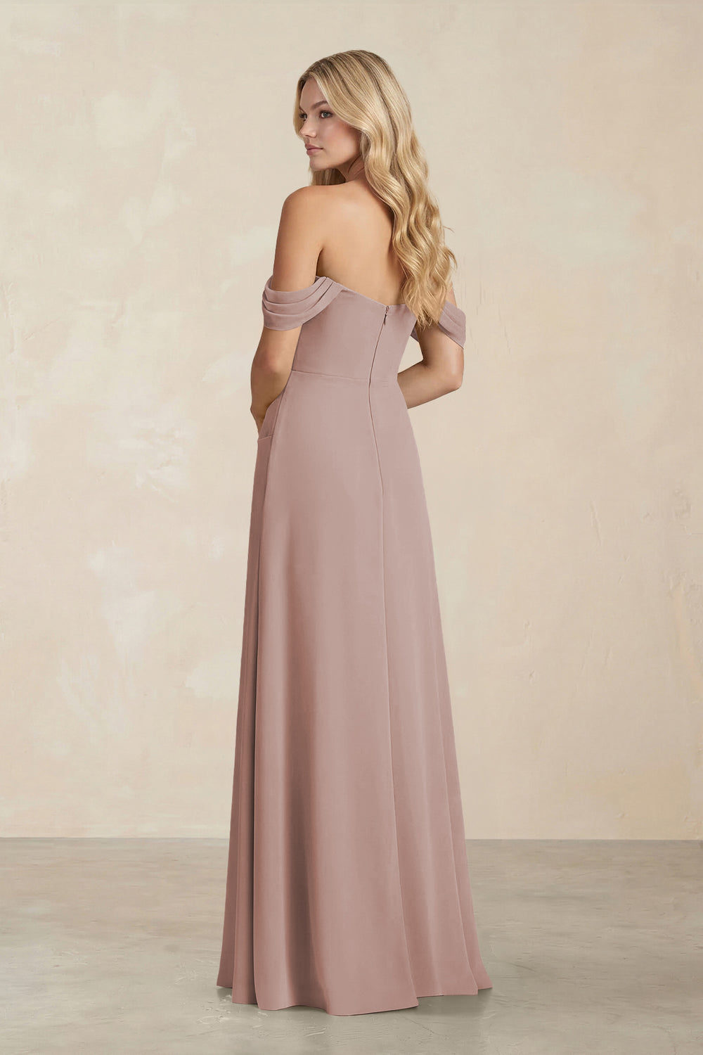 Off-the-Shoulder Corset Sheath Chiffon Bridesmaid Dress in Toffee