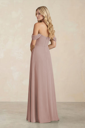 Off-the-Shoulder Corset Sheath Chiffon Bridesmaid Dress in Toffee (2) | KISSBRIDAL