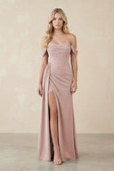 Off - the - Shoulder Corset Sheath Chiffon Bridesmaid Dress in Toffee - SHE IS ME Bridesmaid Dresses