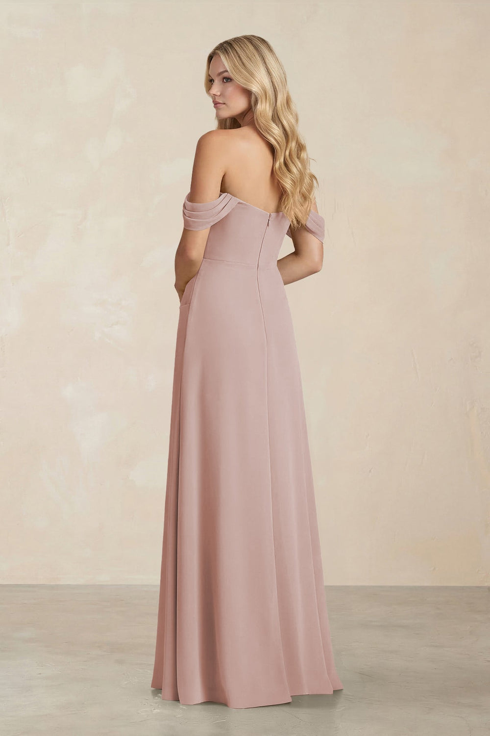 Off - the - Shoulder Corset Sheath Chiffon Bridesmaid Dress in Toffee - KISS BRIDAL Bridesmaid Dresses
