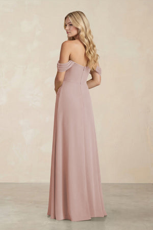 Off - the - Shoulder Corset Sheath Chiffon Bridesmaid Dress in Toffee - SHE IS ME Bridesmaid Dresses