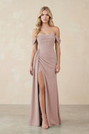 Off-the-Shoulder Corset Sheath Chiffon Bridesmaid Dress in Toffee | KISSBRIDAL
