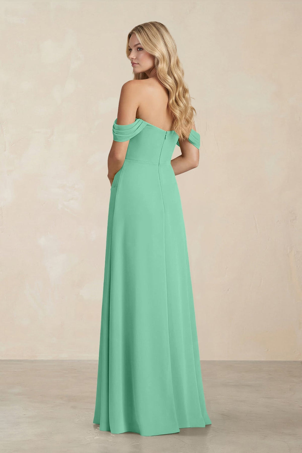 Off - the - Shoulder Corset Sheath Chiffon Bridesmaid Dress in Turquoise - KISS BRIDAL Bridesmaid Dresses