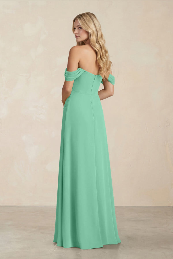 Off - the - Shoulder Corset Sheath Chiffon Bridesmaid Dress in Turquoise - SHE IS ME Bridesmaid Dresses