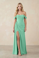 Off - the - Shoulder Corset Sheath Chiffon Bridesmaid Dress in Turquoise - SHE IS ME Bridesmaid Dresses