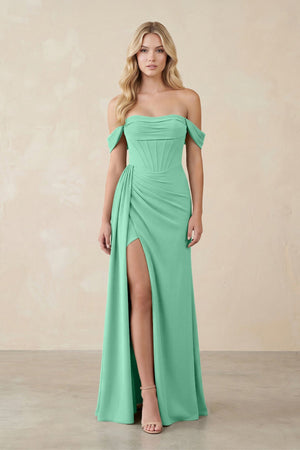 Off - the - Shoulder Corset Sheath Chiffon Bridesmaid Dress in Turquoise - SHE IS ME Bridesmaid Dresses