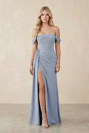 Off - the - Shoulder Corset Sheath Chiffon Bridesmaid Dress in Twilight - SHE IS ME Bridesmaid Dresses
