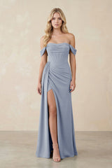 Off - the - Shoulder Corset Sheath Chiffon Bridesmaid Dress in Twilight - KISS BRIDAL Bridesmaid Dresses