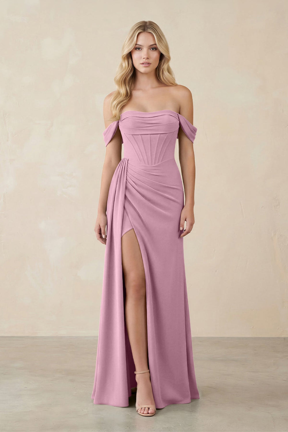 Off - the - Shoulder Corset Sheath Chiffon Bridesmaid Dress in Vintage Mauve - KISS BRIDAL Bridesmaid Dresses