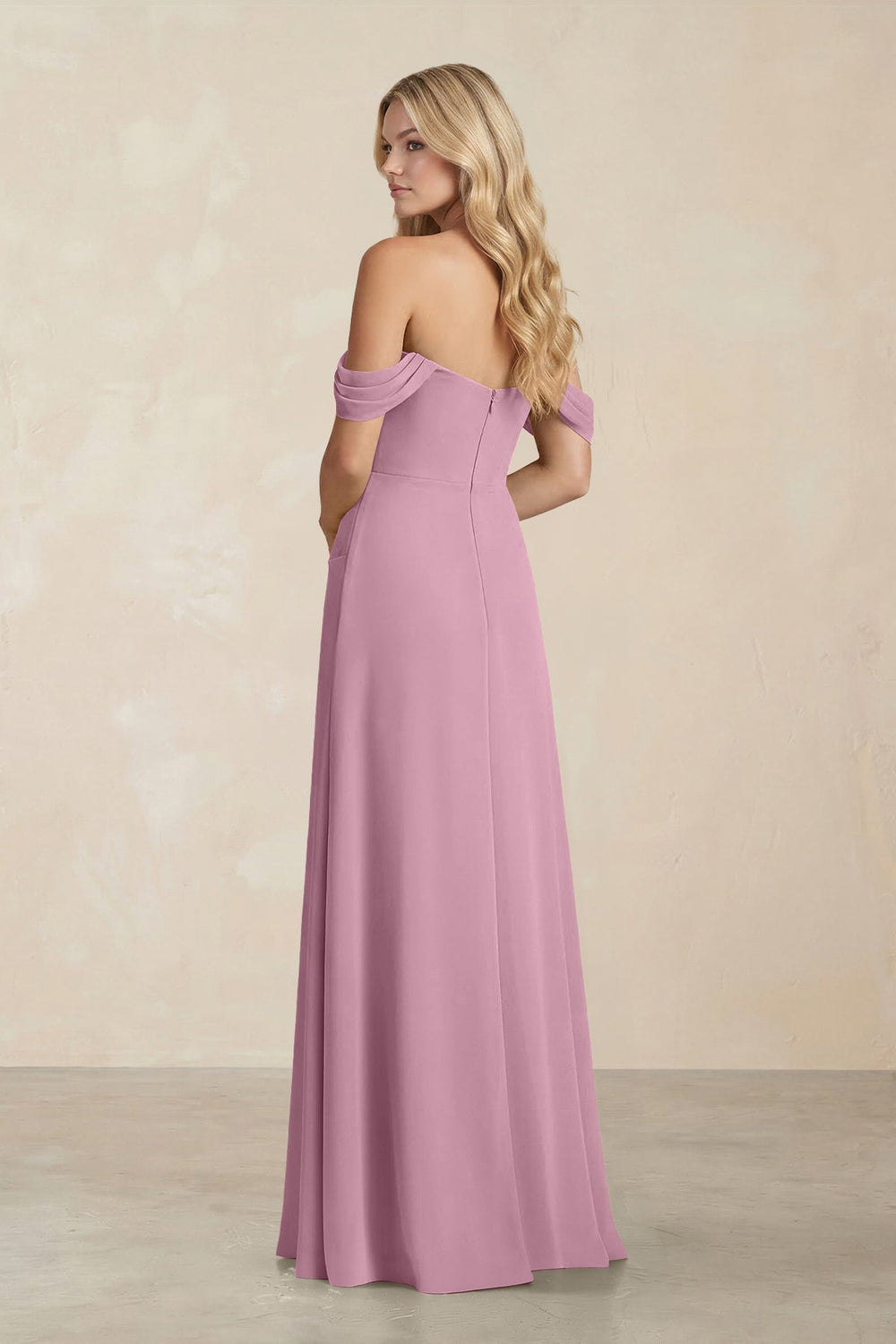 Off - the - Shoulder Corset Sheath Chiffon Bridesmaid Dress in Vintage Mauve - KISS BRIDAL Bridesmaid Dresses