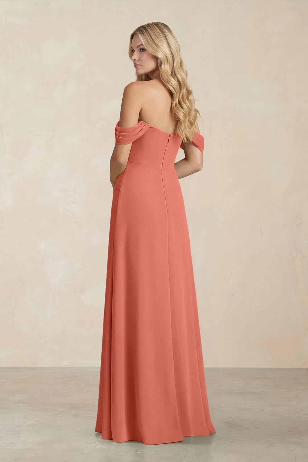 Off - the - Shoulder Corset Sheath Chiffon Bridesmaid Dress in Wild Rose - KISS BRIDAL Bridesmaid Dresses