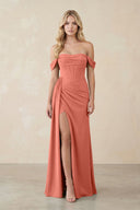 Off - the - Shoulder Corset Sheath Chiffon Bridesmaid Dress in Wild Rose - SHE IS ME Bridesmaid Dresses