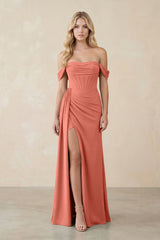 Off - the - Shoulder Corset Sheath Chiffon Bridesmaid Dress in Wild Rose - KISS BRIDAL Bridesmaid Dresses