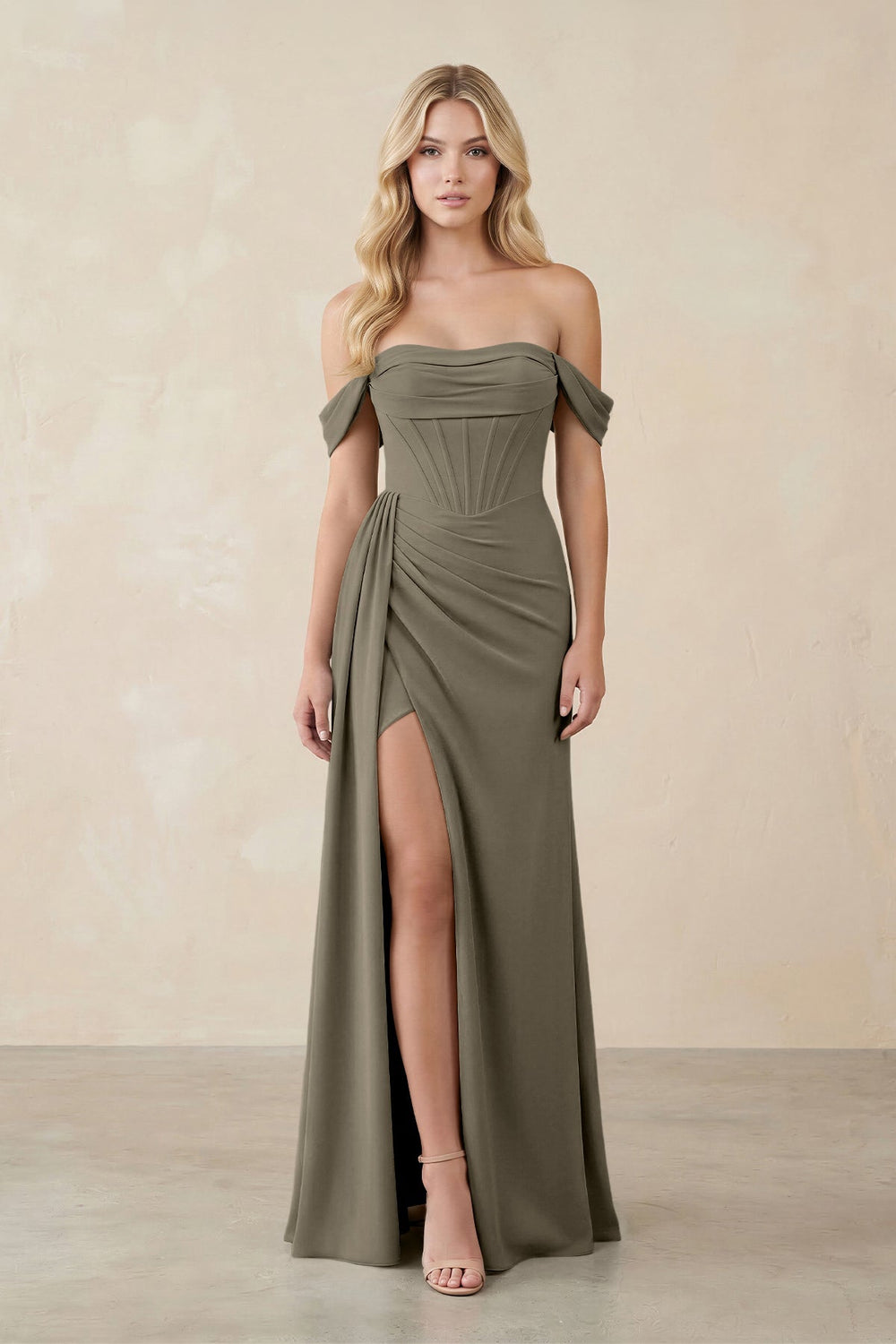 Off - the - Shoulder Corset Sheath Chiffon Bridesmaid Dress in Willow Green - KISS BRIDAL Bridesmaid Dresses