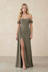 Off - the - Shoulder Corset Sheath Chiffon Bridesmaid Dress in Willow Green - KISS BRIDAL Bridesmaid Dresses