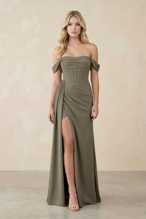 Off - the - Shoulder Corset Sheath Chiffon Bridesmaid Dress in Willow Green - SHE IS ME Bridesmaid Dresses