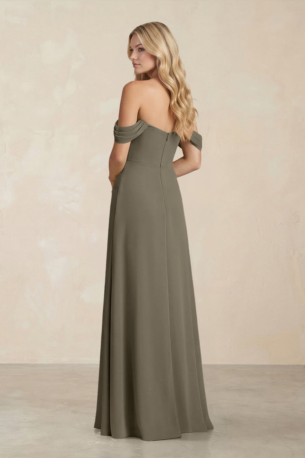 Off - the - Shoulder Corset Sheath Chiffon Bridesmaid Dress in Willow Green - KISS BRIDAL Bridesmaid Dresses