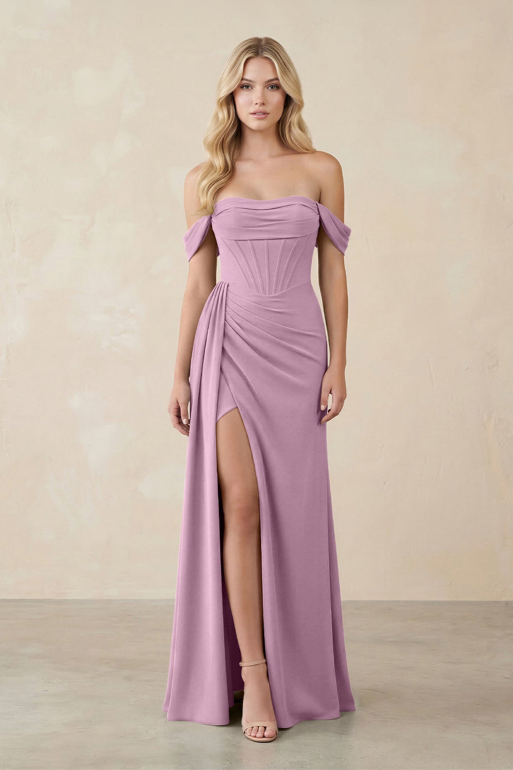 Off - the - Shoulder Corset Sheath Chiffon Bridesmaid Dress in Wisteria - KISS BRIDAL Bridesmaid Dresses