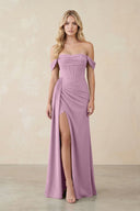Off - the - Shoulder Corset Sheath Chiffon Bridesmaid Dress in Wisteria - SHE IS ME Bridesmaid Dresses