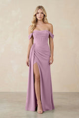 Off - the - Shoulder Corset Sheath Chiffon Bridesmaid Dress in Wisteria - KISS BRIDAL Bridesmaid Dresses