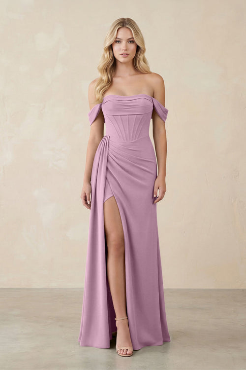 Off - the - Shoulder Corset Sheath Chiffon Bridesmaid Dress in Wisteria - SHE IS ME Bridesmaid Dresses