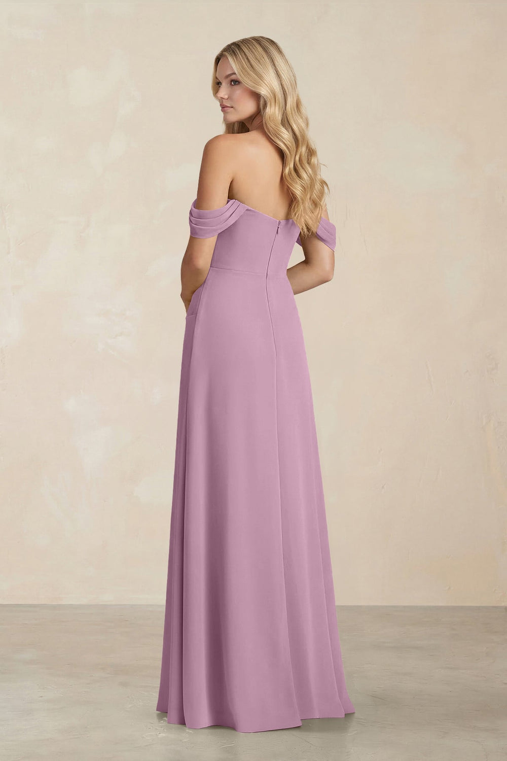 Off - the - Shoulder Corset Sheath Chiffon Bridesmaid Dress in Wisteria - KISS BRIDAL Bridesmaid Dresses
