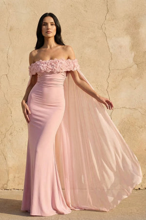 Off The Shoulder Floral Cape Gown in Pink - SHE IS ME