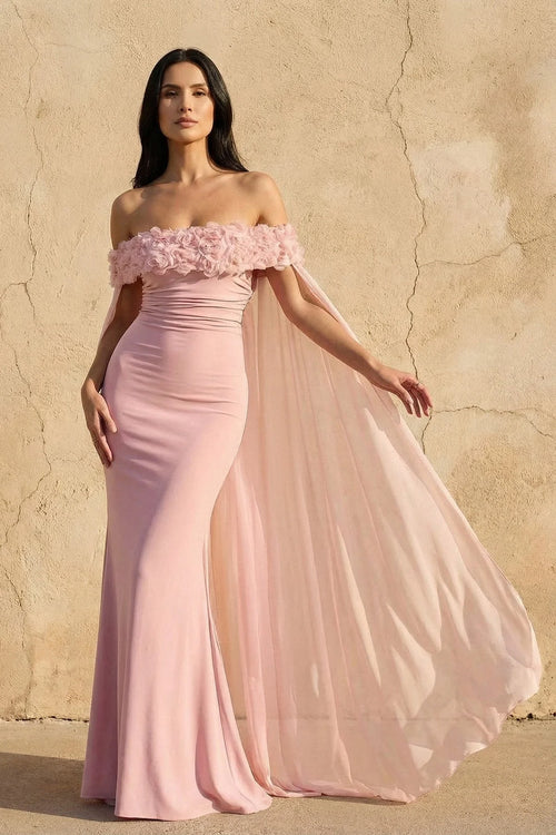 Off The Shoulder Floral Cape Gown in Pink - SHE IS ME