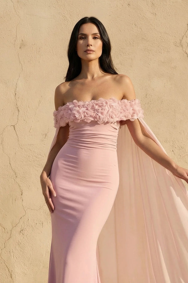 Off The Shoulder Floral Cape Gown in Pink - SHE IS ME