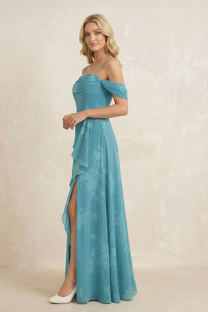 Off - the - Shoulder Floral Chiffon Ruffled Bridesmaid Dress in Adriatic Blue - SHE IS ME Bridesmaid Dresses