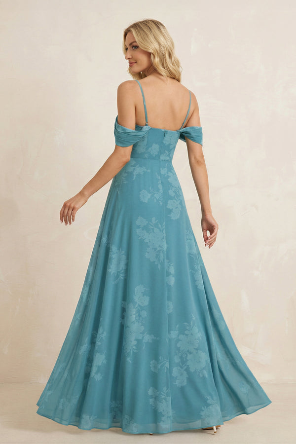 Off - the - Shoulder Floral Chiffon Ruffled Bridesmaid Dress in Adriatic Blue - SHE IS ME Bridesmaid Dresses
