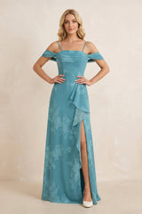 Off - the - Shoulder Floral Chiffon Ruffled Bridesmaid Dress in Adriatic Blue - KISS BRIDAL Bridesmaid Dresses