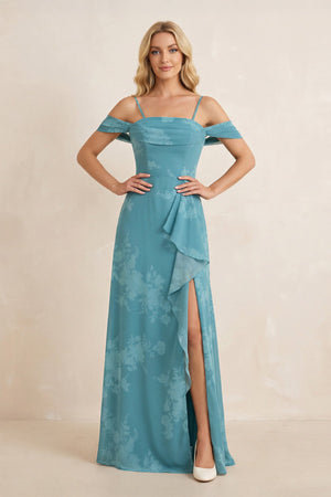 Off - the - Shoulder Floral Chiffon Ruffled Bridesmaid Dress in Adriatic Blue - SHE IS ME Bridesmaid Dresses